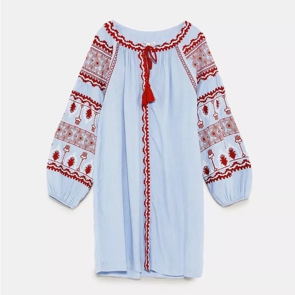 ZARA TRF Baby Blue Red Shirt Dress Embroidered Folk Aztec Peasant Size Medium - Picture 2 of 6